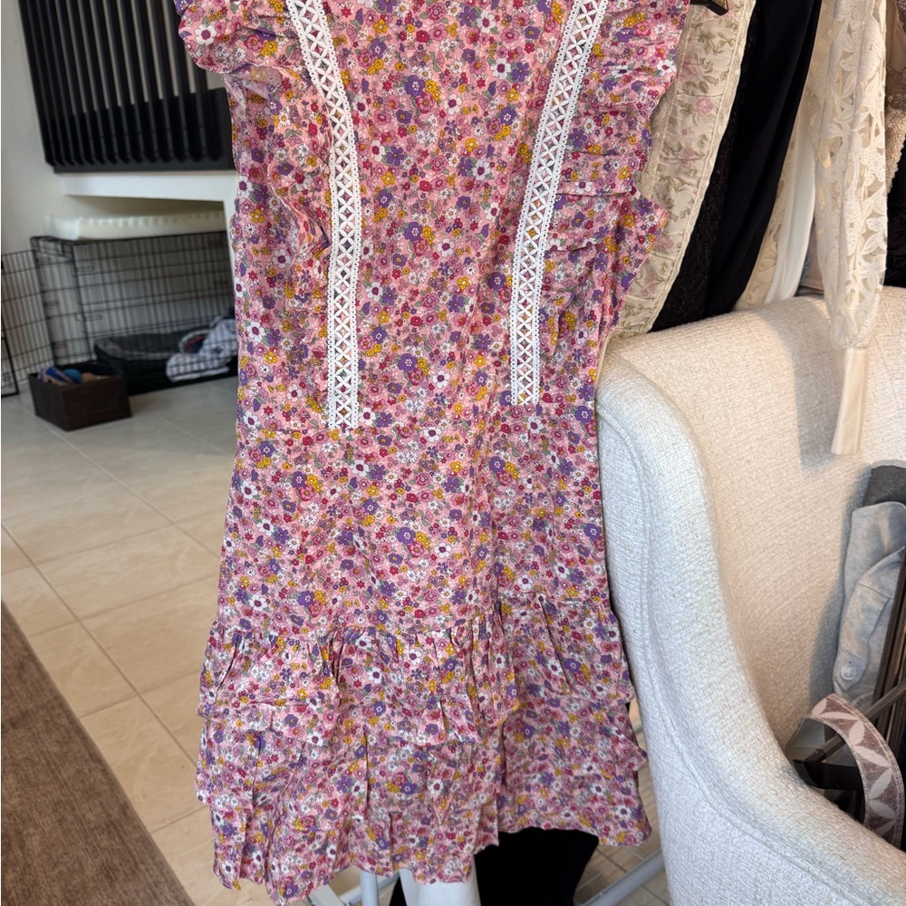 Sugarlips Pink Floral Mini Dress with White Lace Trim
